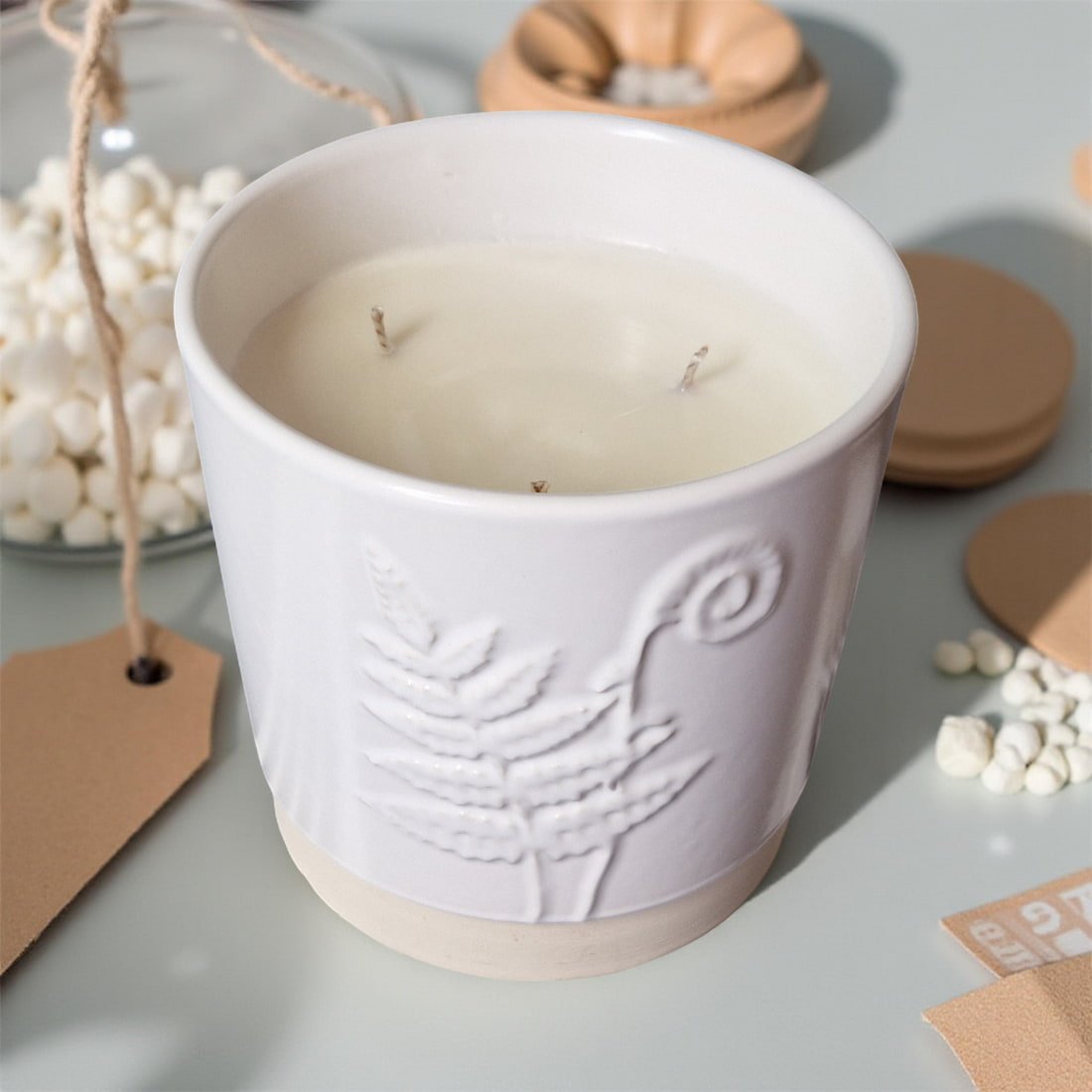 Three Wick Candle in White Ceramic Fern Pot