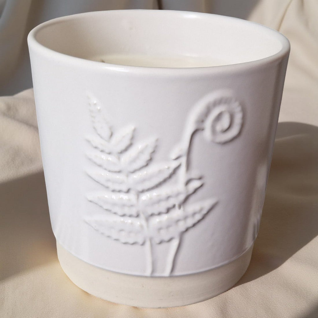 Three Wick Candle in White Ceramic Fern Pot