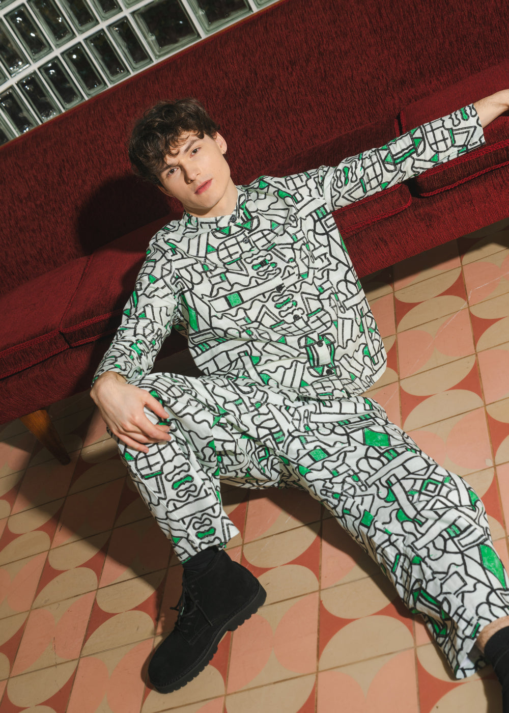 Organic Cotton and Linen Balloon Trousers in Circuit Garden