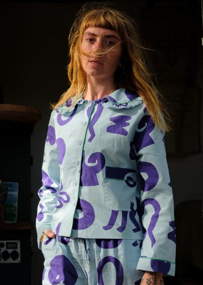Organic Cotton Pyjama Shirt in Blue with Things Print
