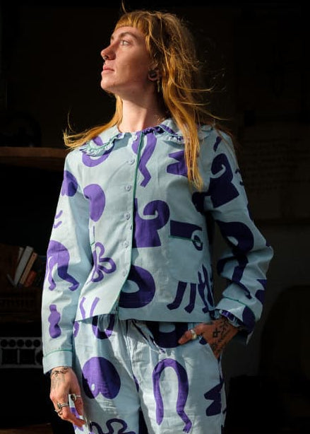 Organic Cotton Pyjama Shirt in Blue with Things Print