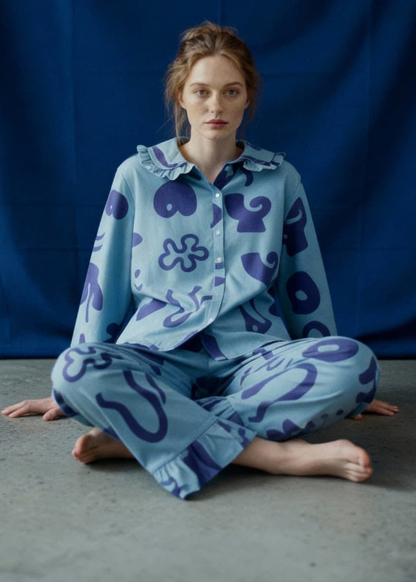 Organic Cotton Pyjama Shirt in Blue with Things Print
