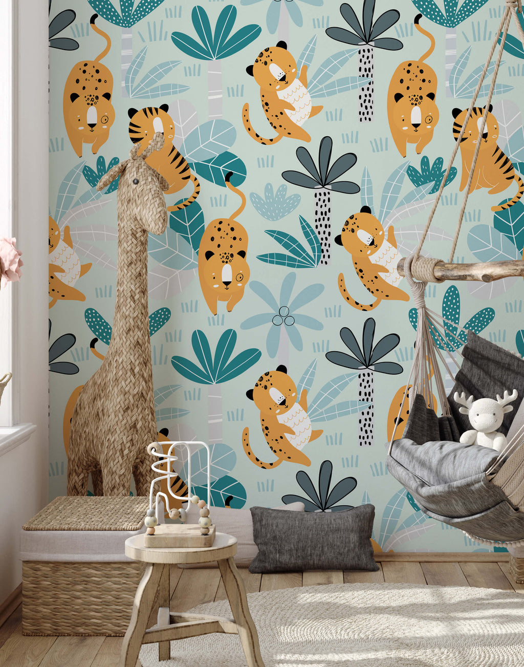 Jungle Wildlife Kids Wallpaper with Tigers and Leopards
