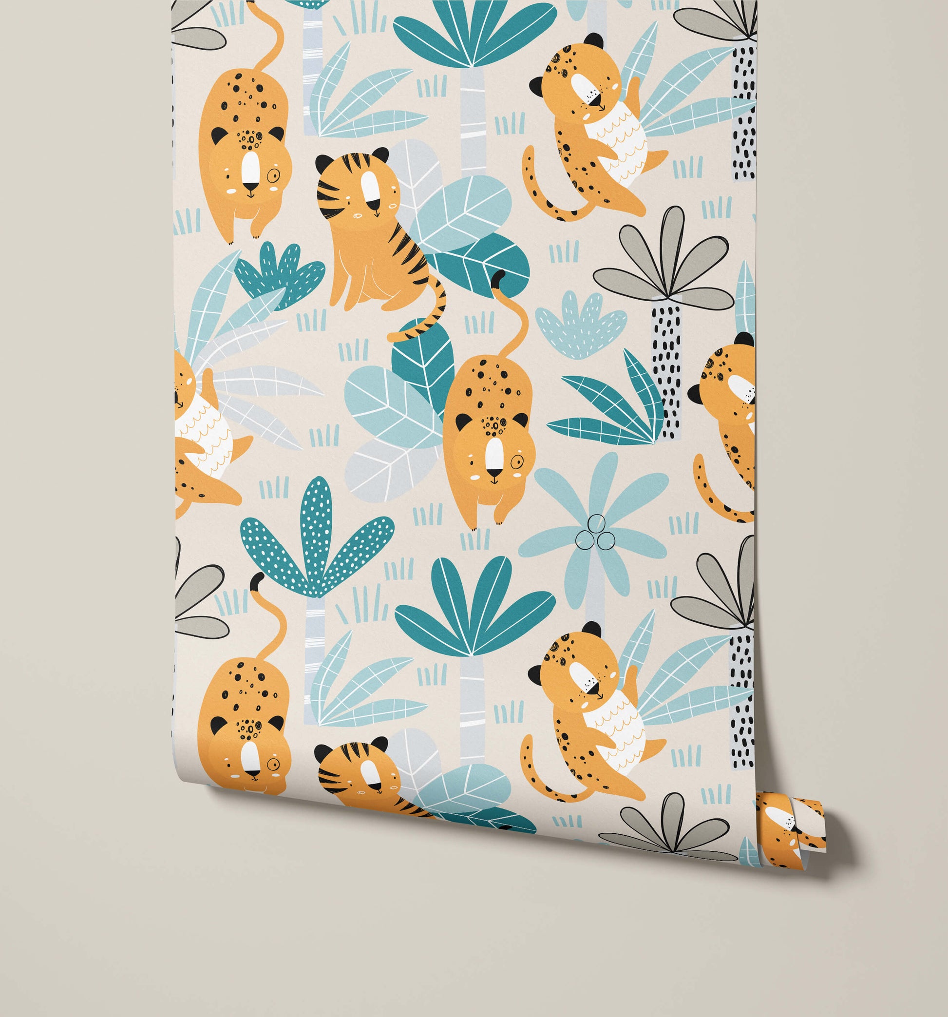 Jungle Wildlife Kids Wallpaper with Tigers and Leopards