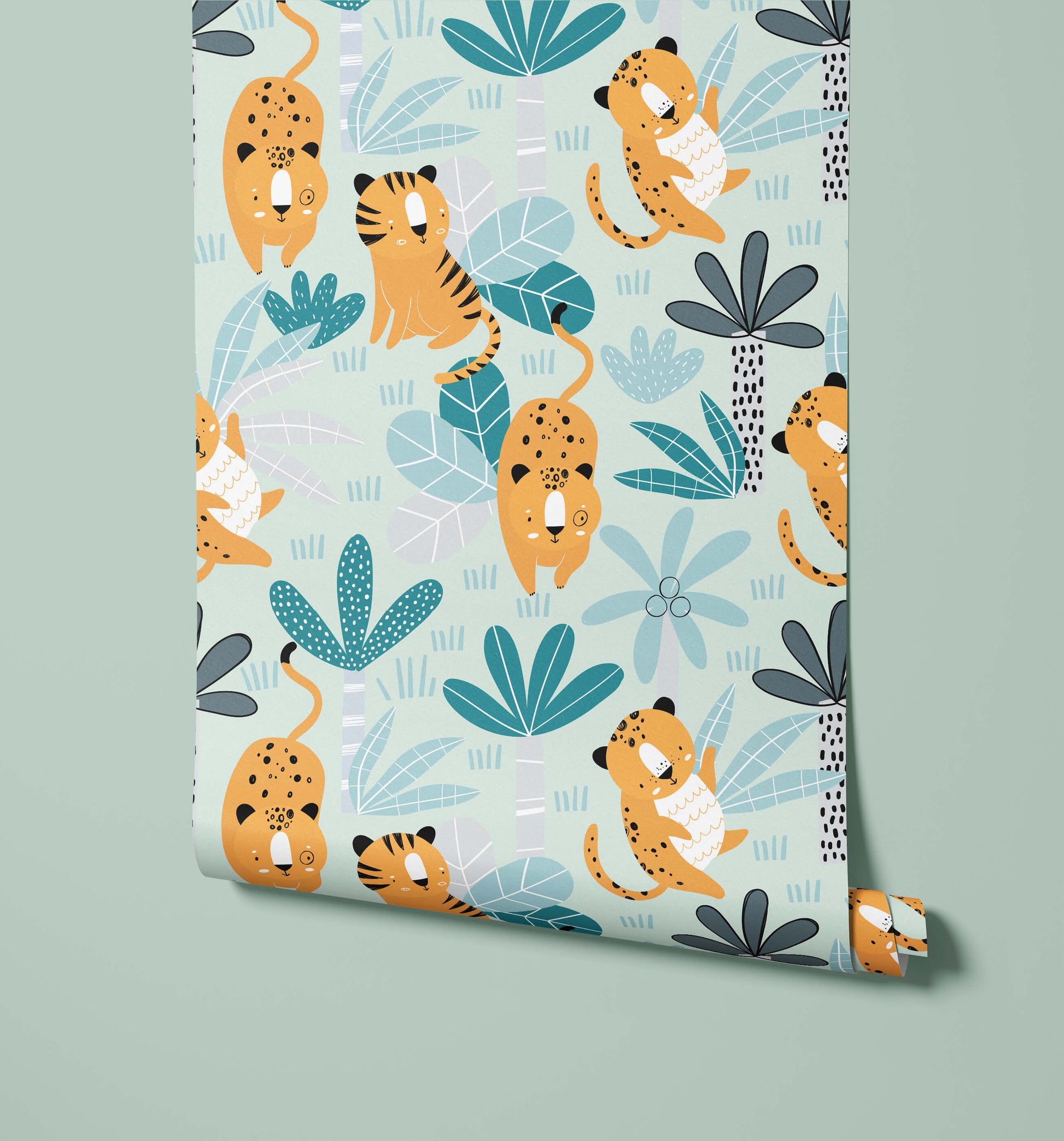 Jungle Wildlife Kids Wallpaper with Tigers and Leopards