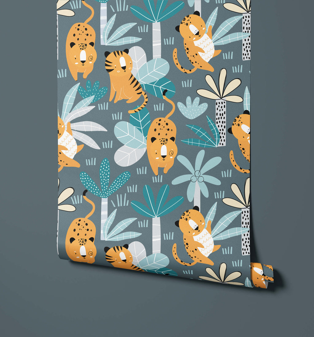 Jungle Wildlife Kids Wallpaper with Tigers and Leopards