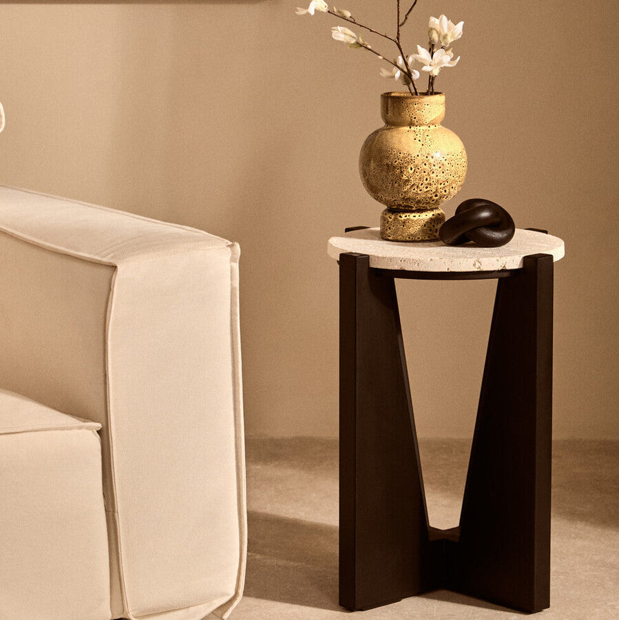 Cream Travertine Top Side Table with Brown Acacia Wood Geometric Frame