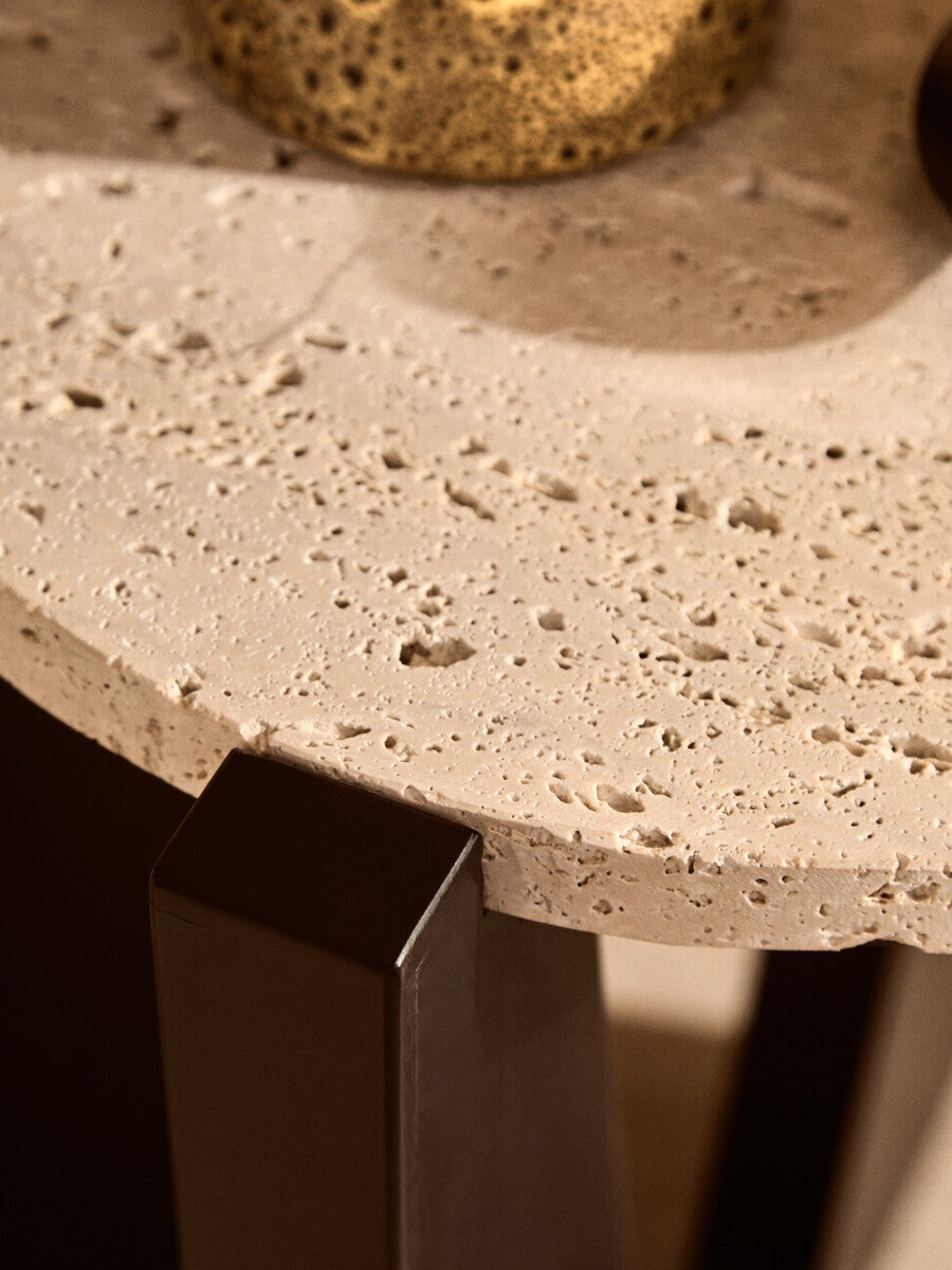 Cream Travertine Top Side Table with Brown Acacia Wood Geometric Frame
