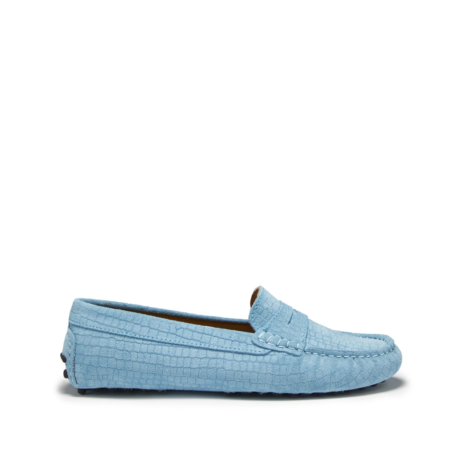 Women's Blue Suede Penny Loafers with Gecko Print