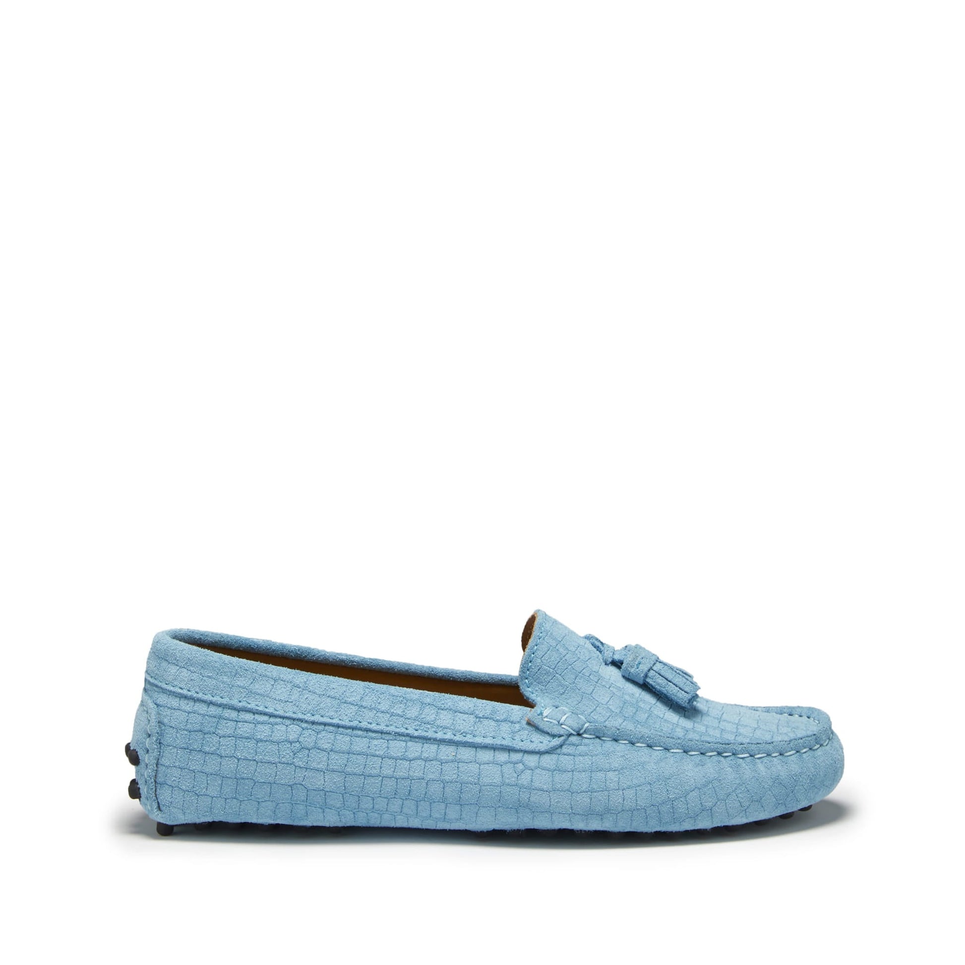 Women's Blue Tasselled Driving Loafers in Embossed Suede