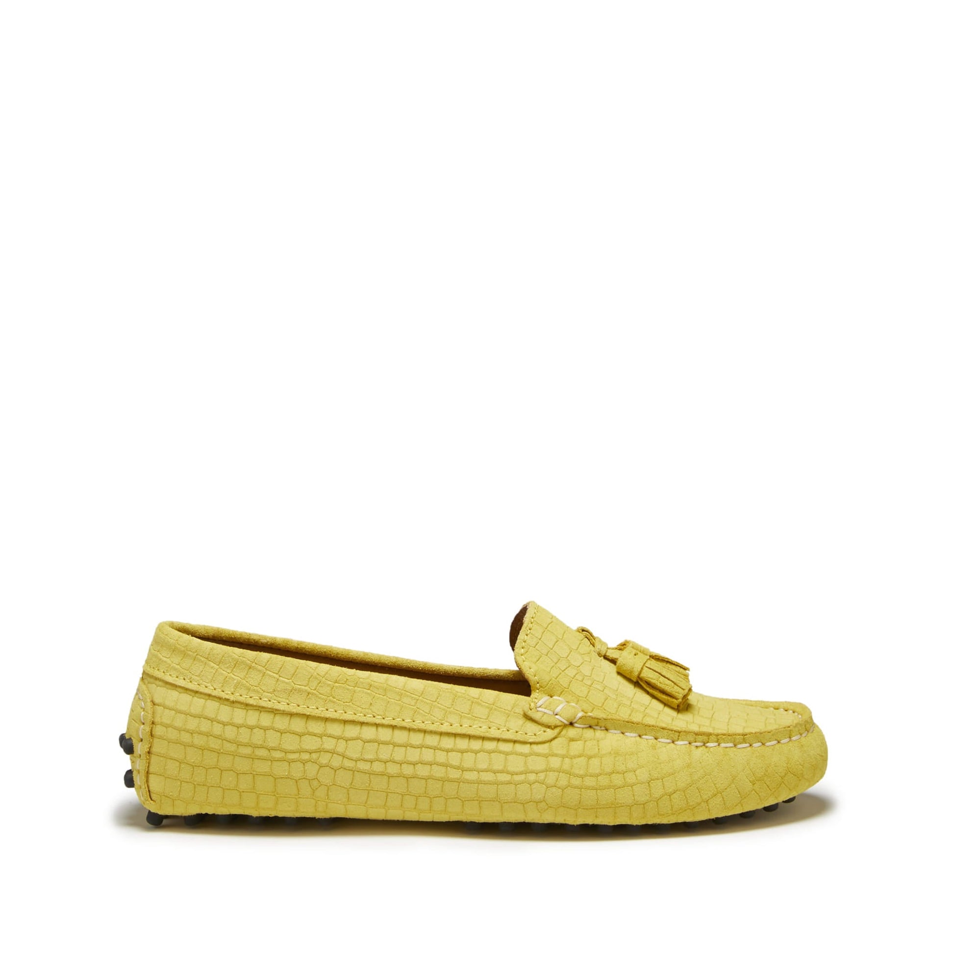 Women's Yellow Suede Driving Loafers with Gecko Print
