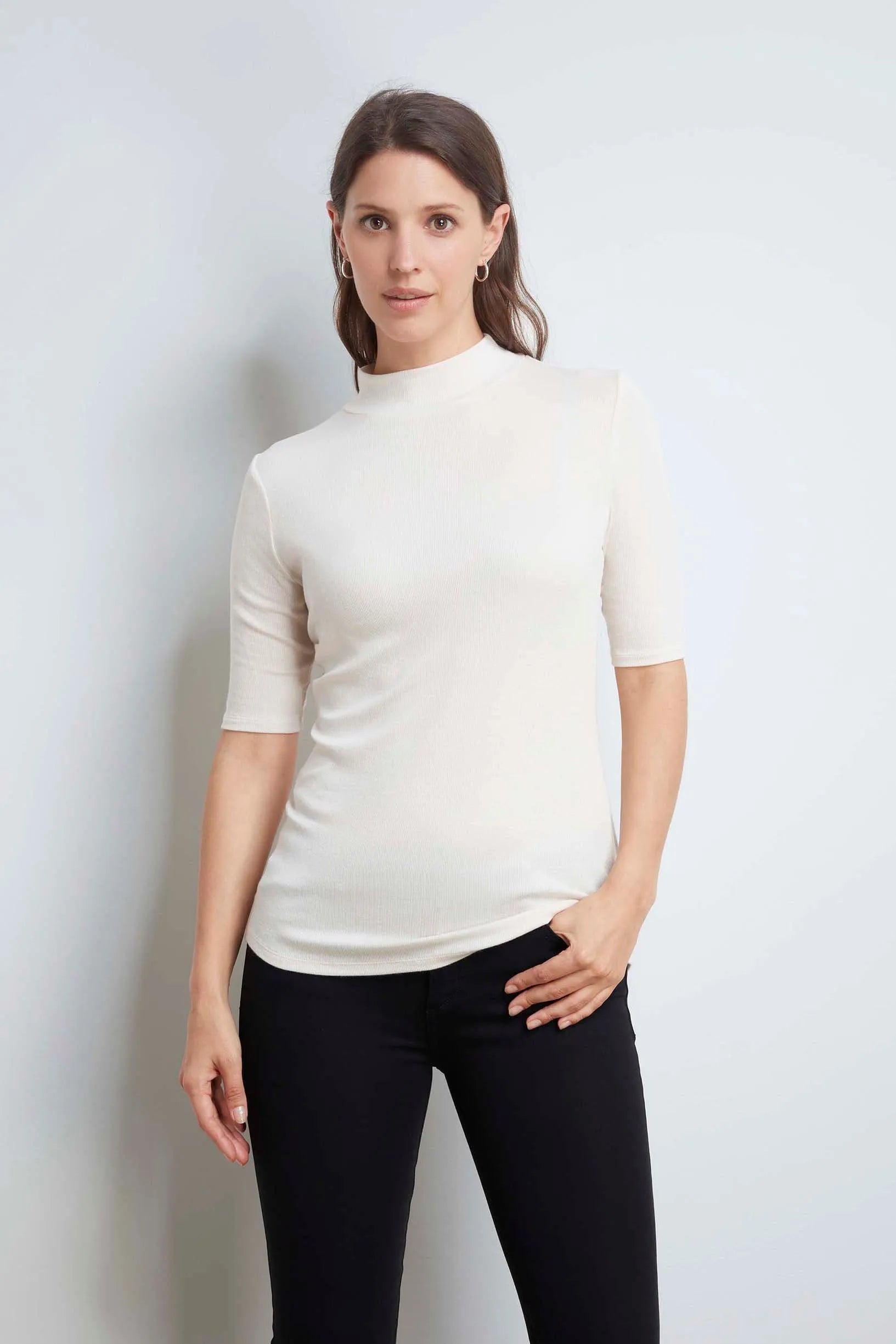 Mock Neck Micro Modal Top with Ribbed Half Sleeve