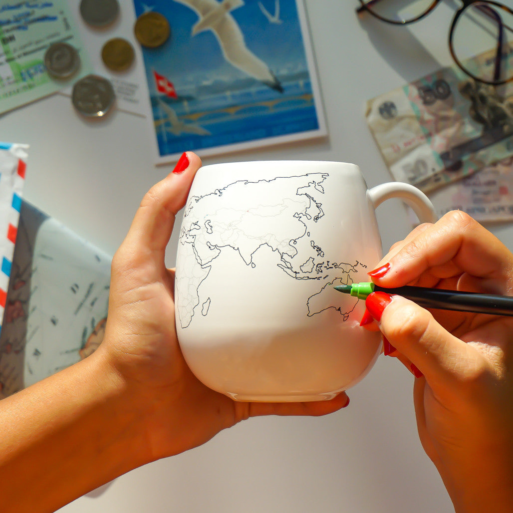 World Map Colour In Mug with Ceramic Pen
