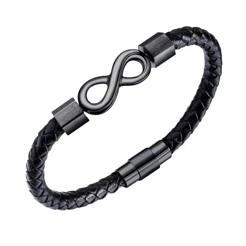 Woven Black Leather Infinity Bracelet with Magnetic Clasp