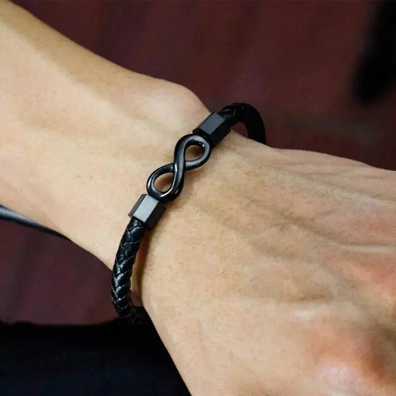 Woven Black Leather Infinity Bracelet with Magnetic Clasp