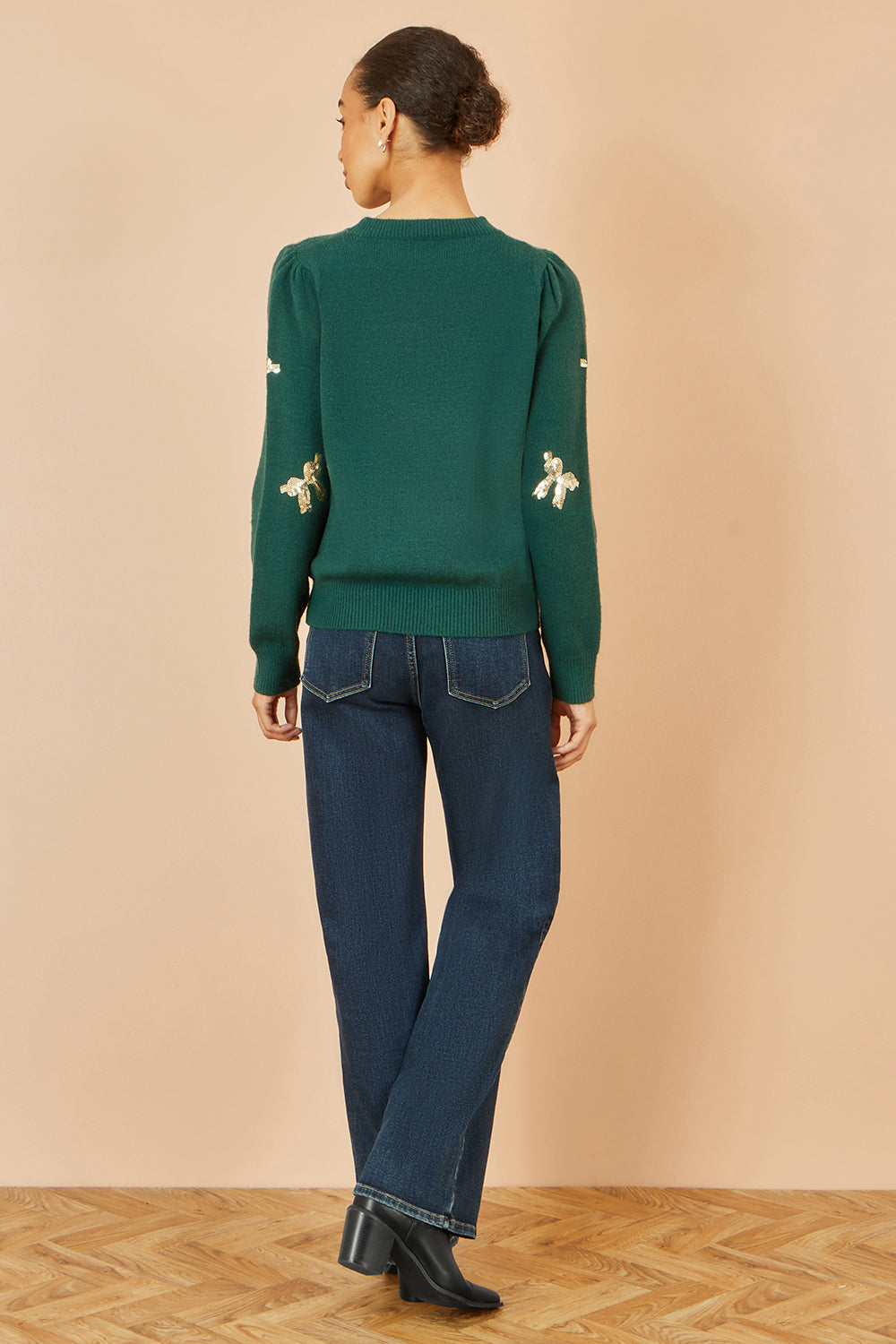 Yumi Green Sequin All Over Applique Bow Knitted Jumper