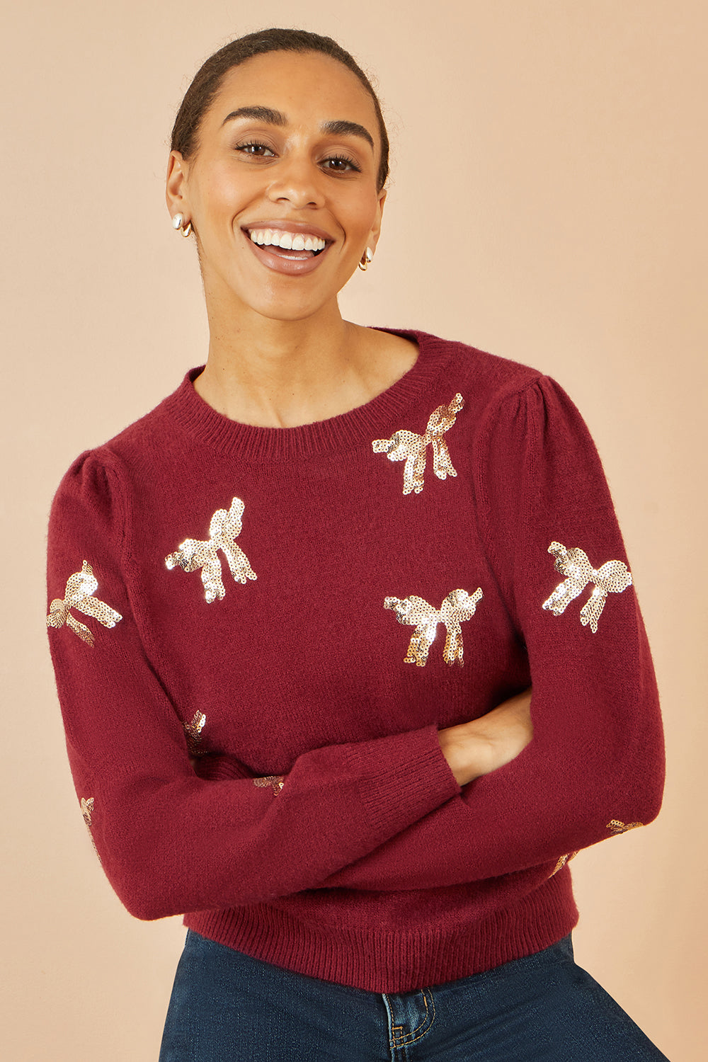 Yumi Burgundy Sequin All Over Applique Bow Knitted Jumper