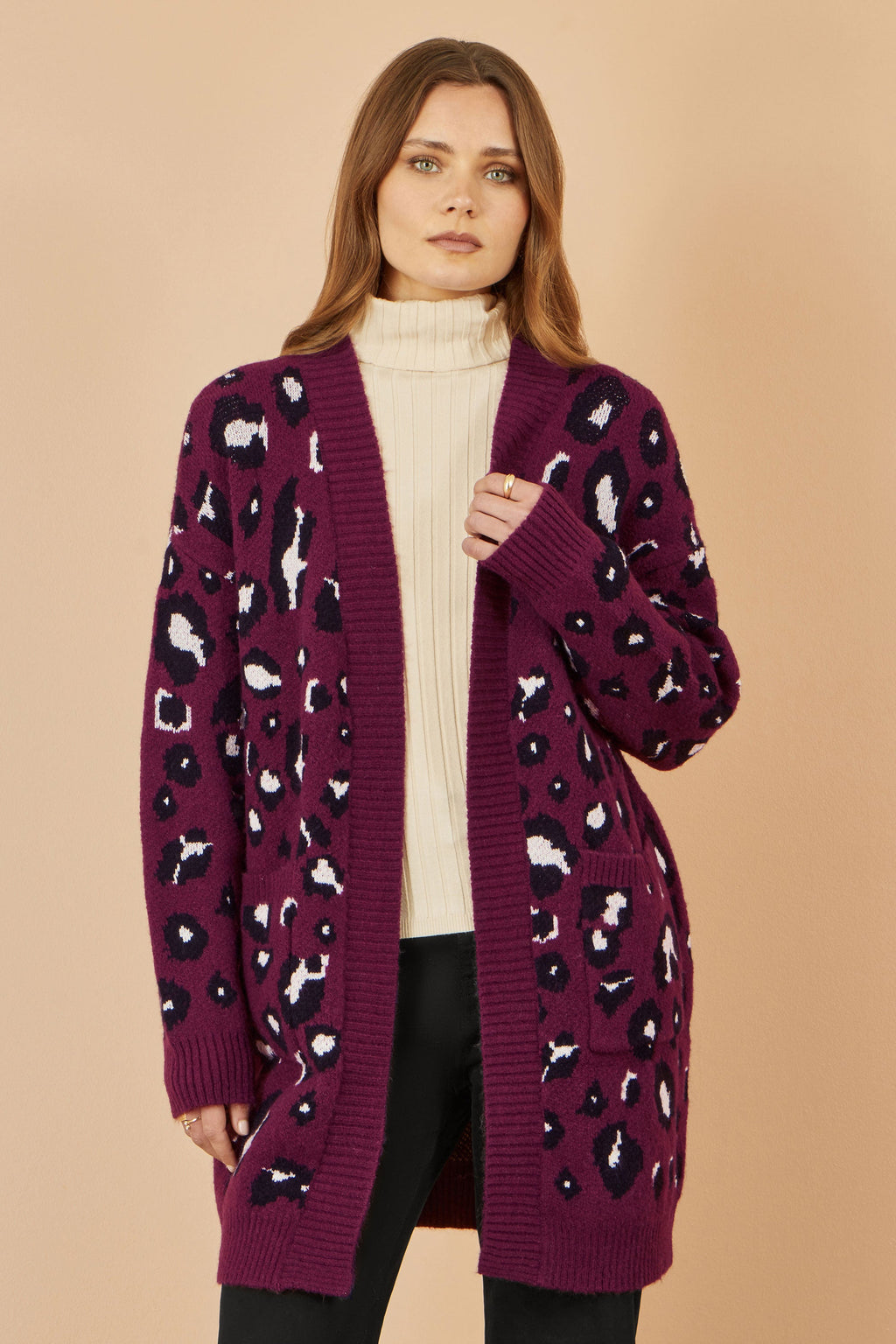 Burgundy Animal Intarsia Long Cardigan
