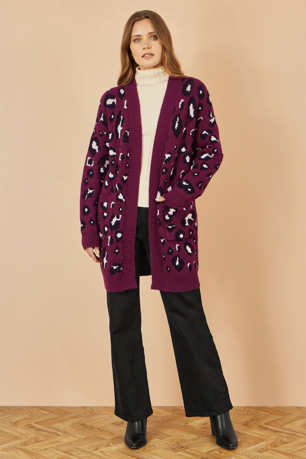 Burgundy Animal Intarsia Long Cardigan