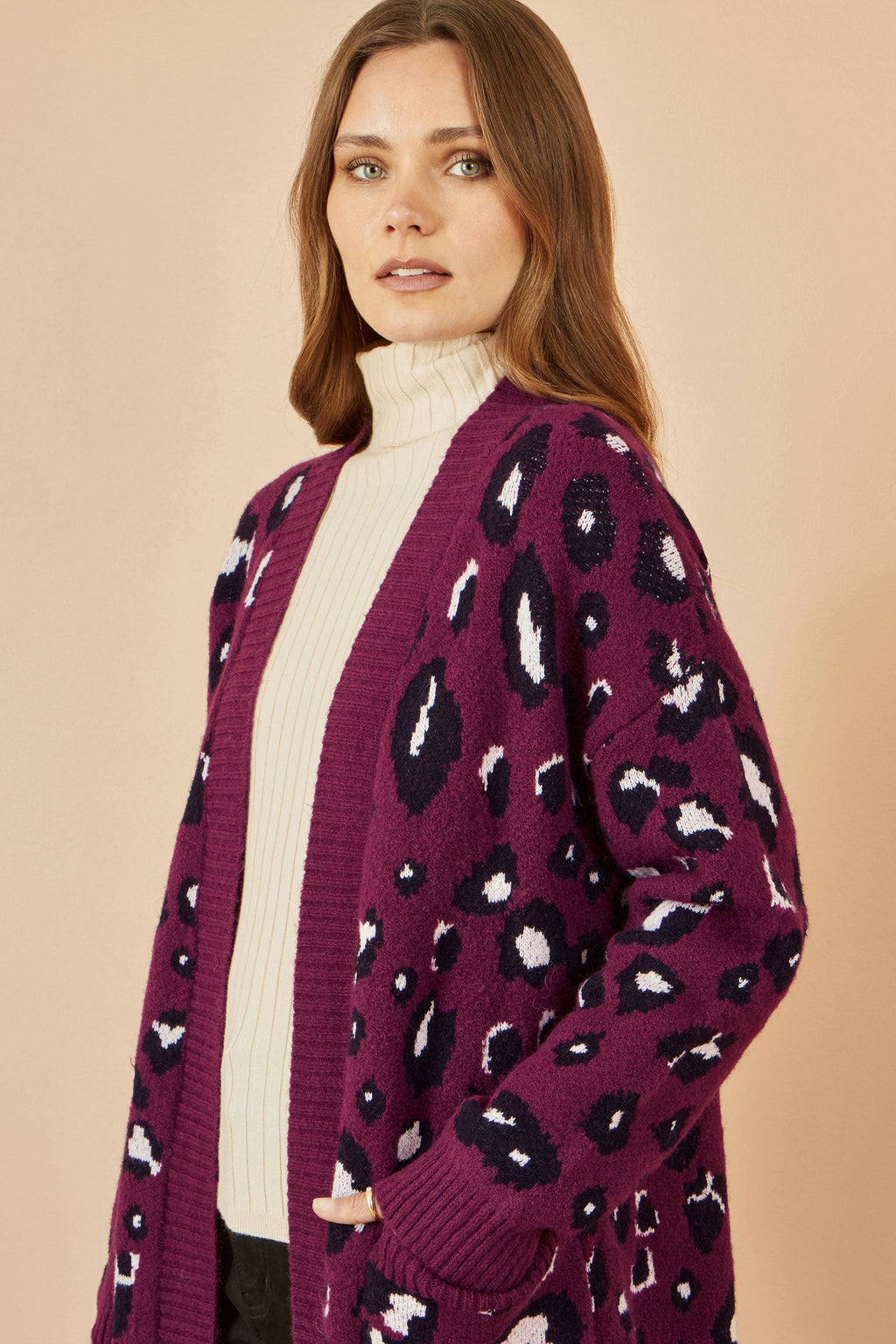 Burgundy Animal Intarsia Long Cardigan