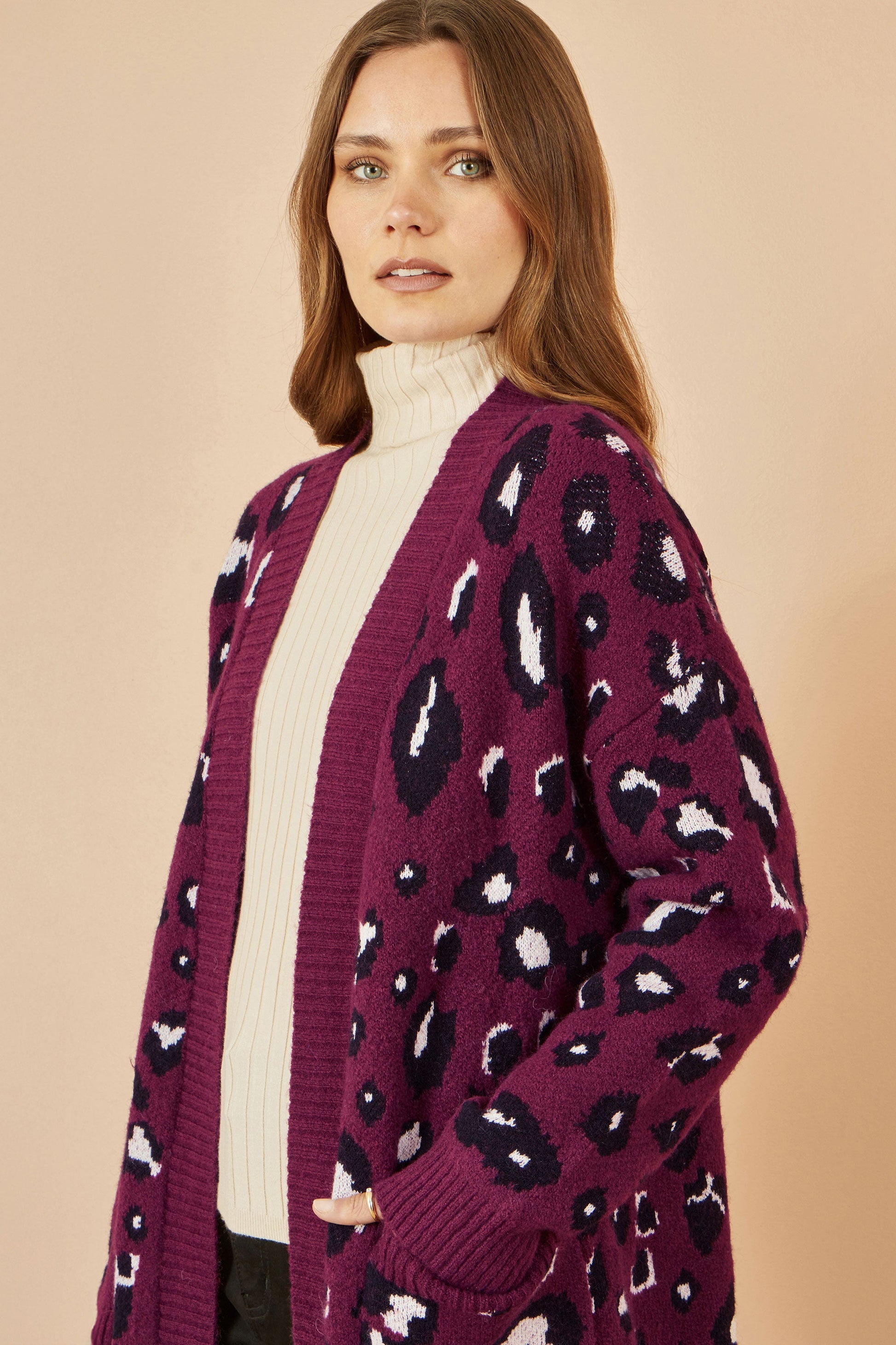 Burgundy Animal Intarsia Long Cardigan