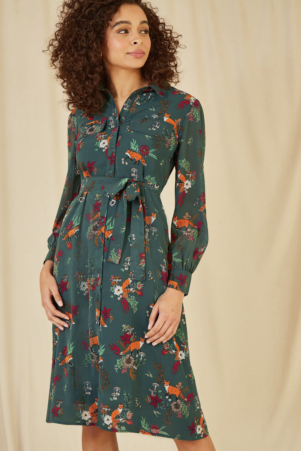 Yumi Recycled Green Fox Print Shirt Midi Dress