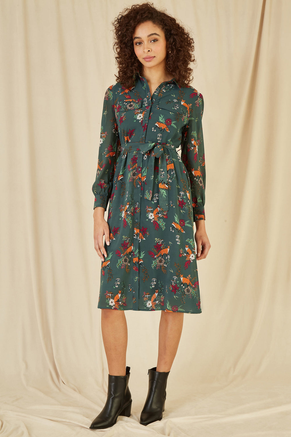 Yumi Recycled Green Fox Print Shirt Midi Dress