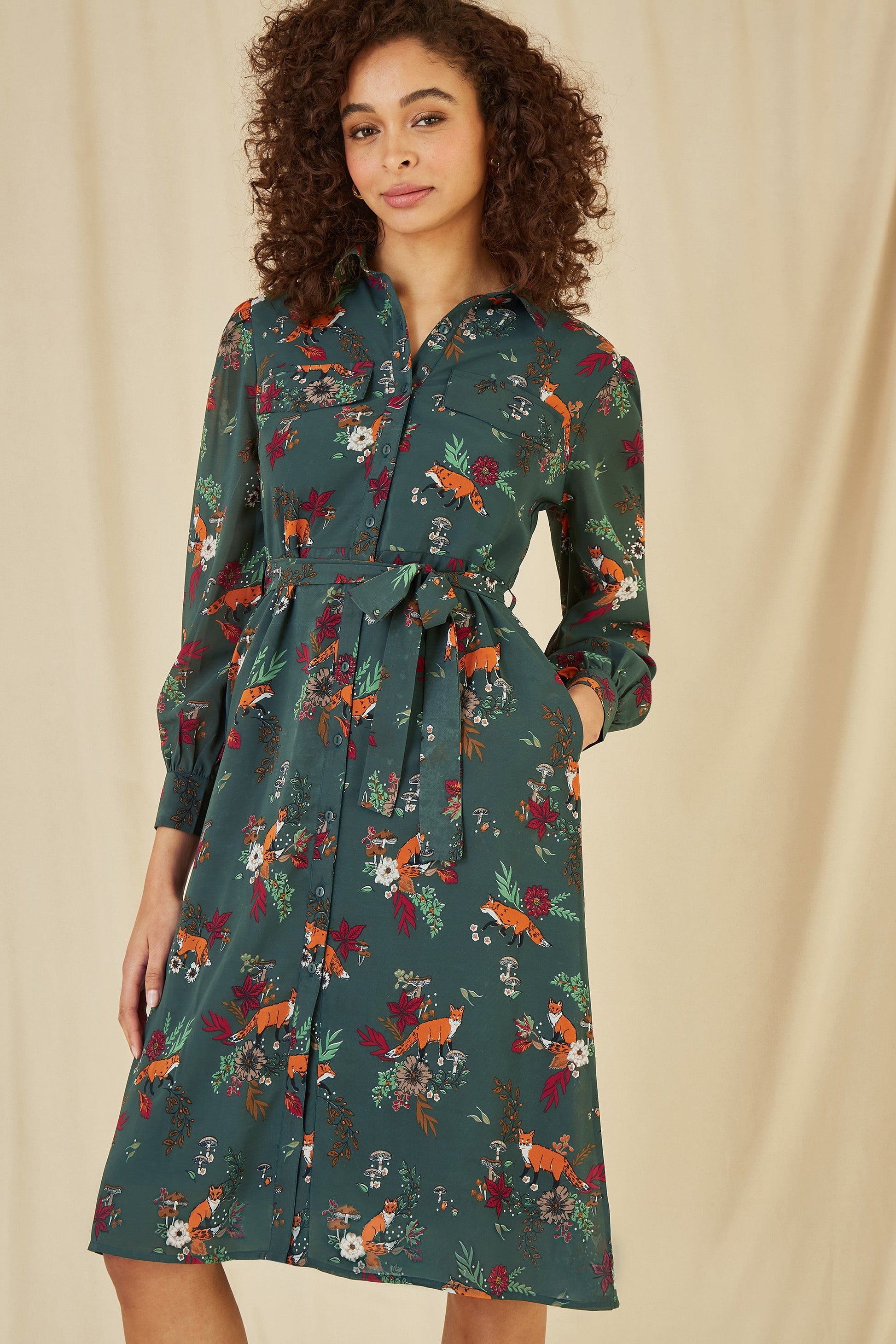Yumi Recycled Green Fox Print Shirt Midi Dress