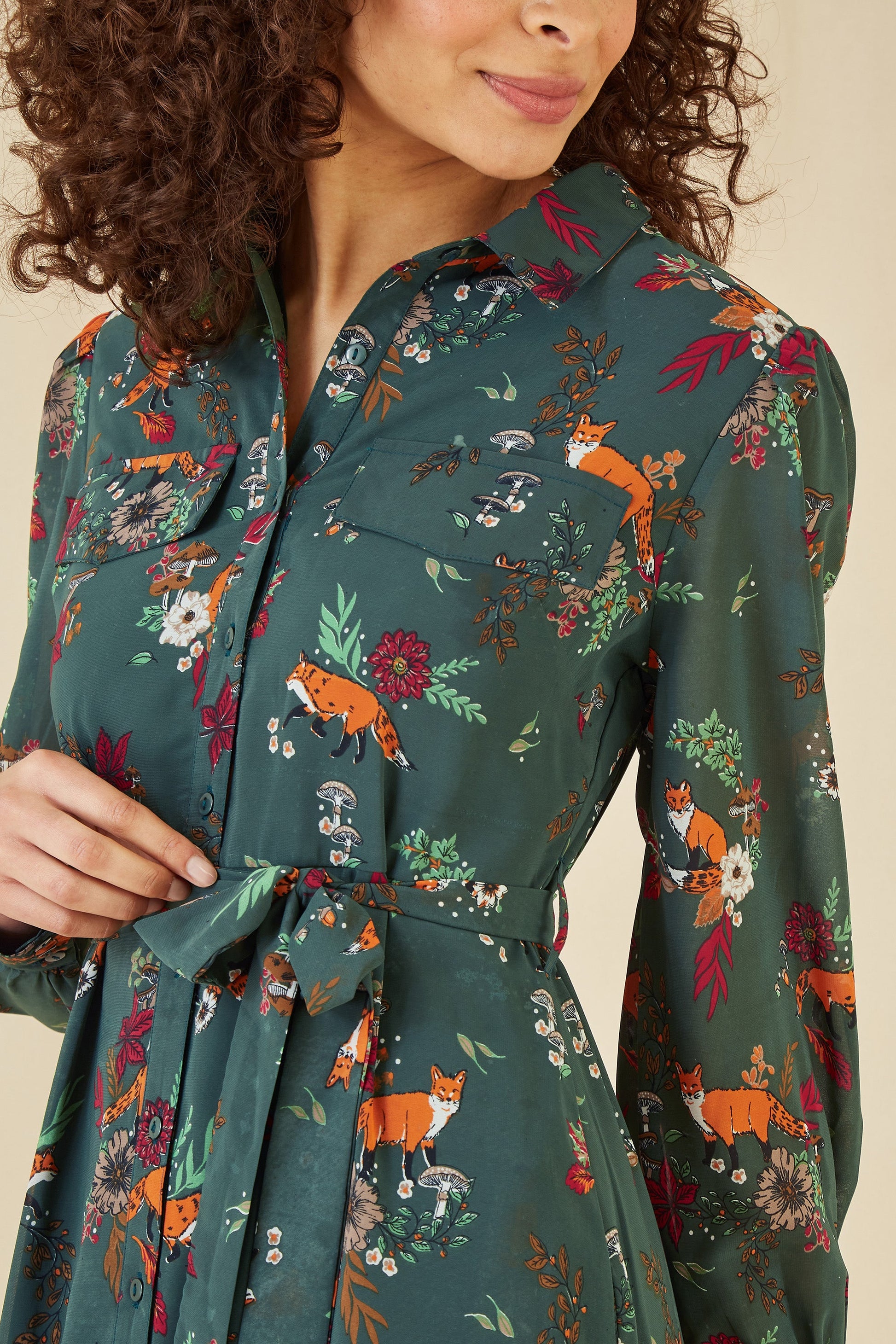 Yumi Recycled Green Fox Print Shirt Midi Dress