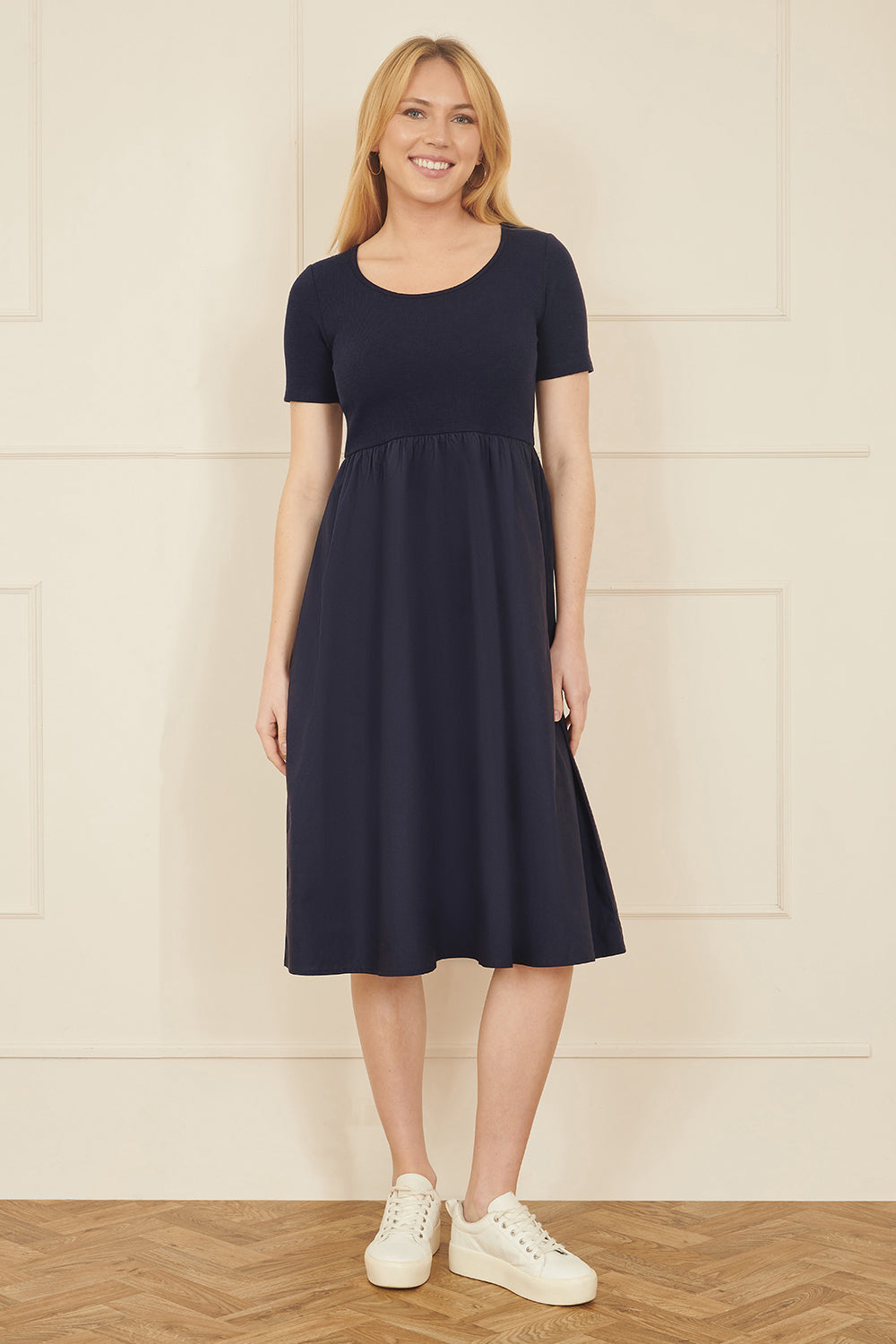Yumi Navy Jersey Top and Cotton Midi Dress