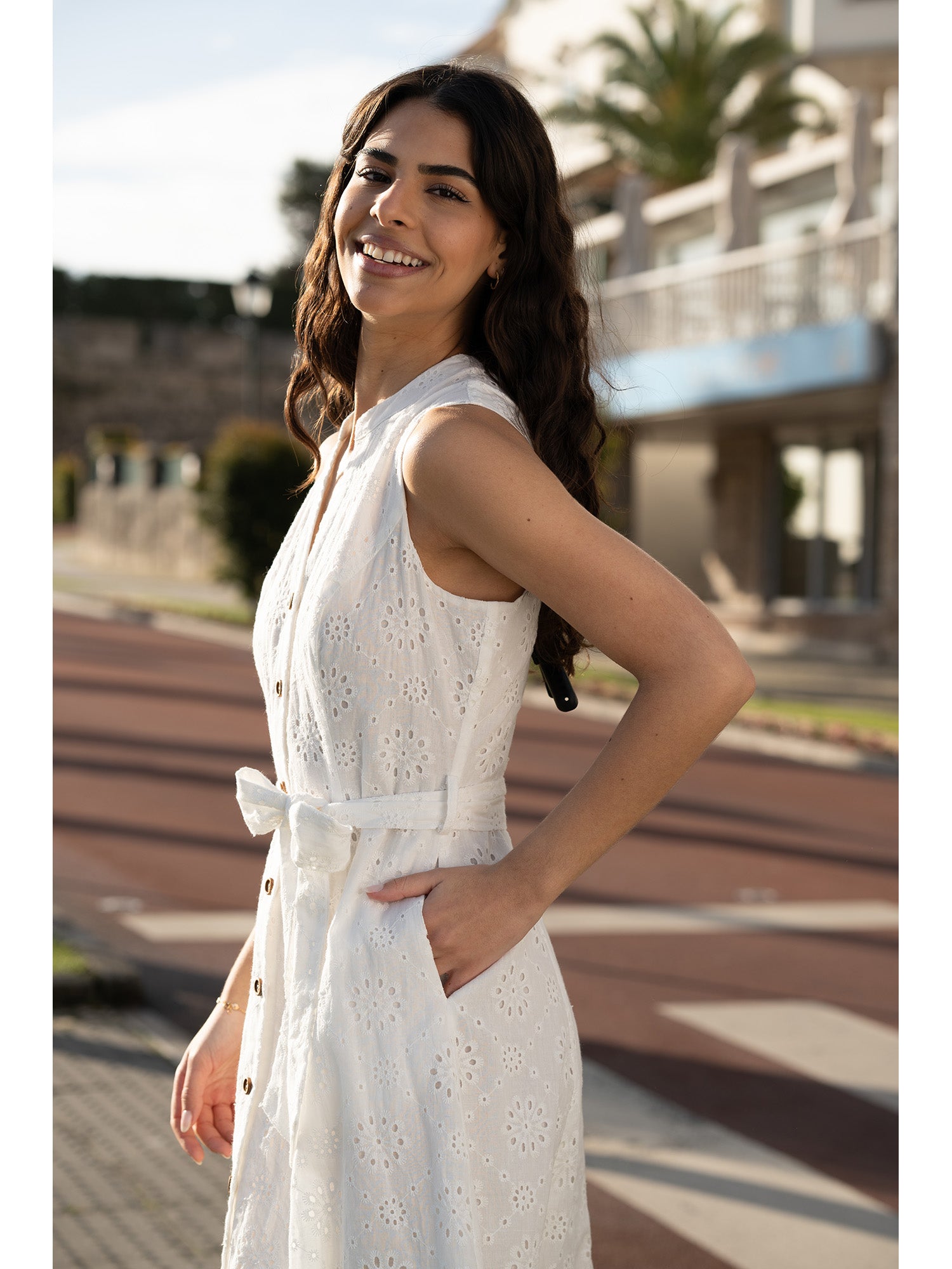 Yumi White Flower Broderie Anglaise Cotton Shirt Dress