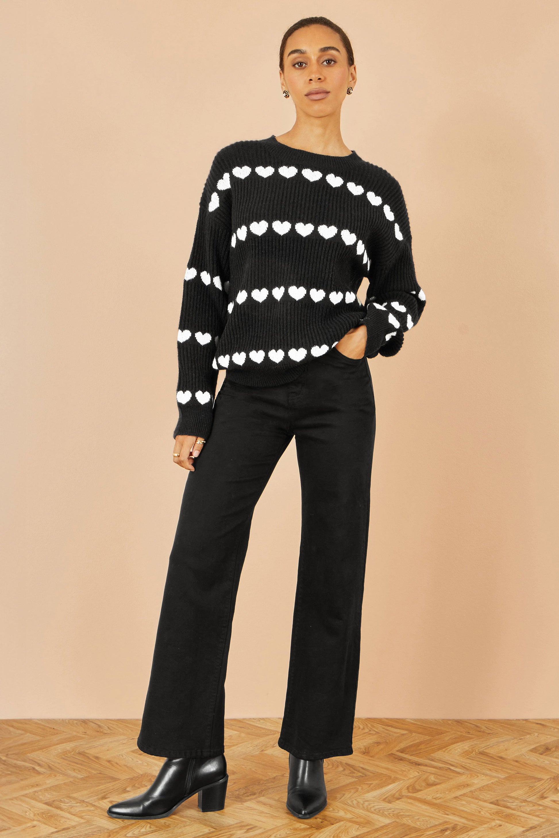 Black Knitted Jumper with Heart Stripes
