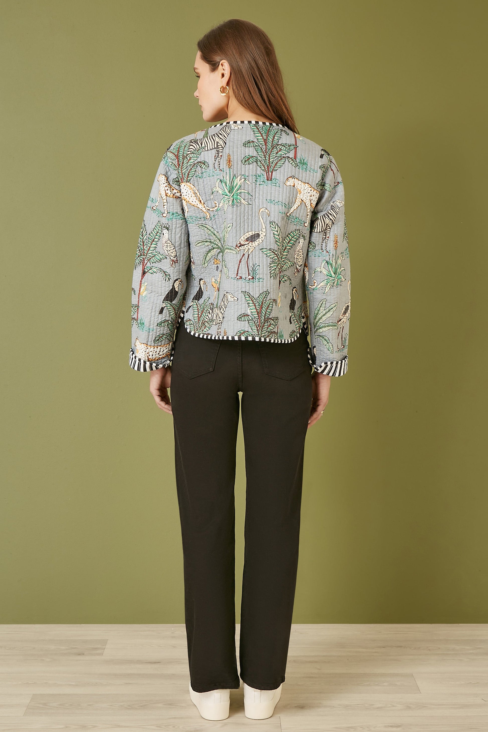 Yumi Grey Animal Print Reversible Cotton Cropped Quilted Jacket