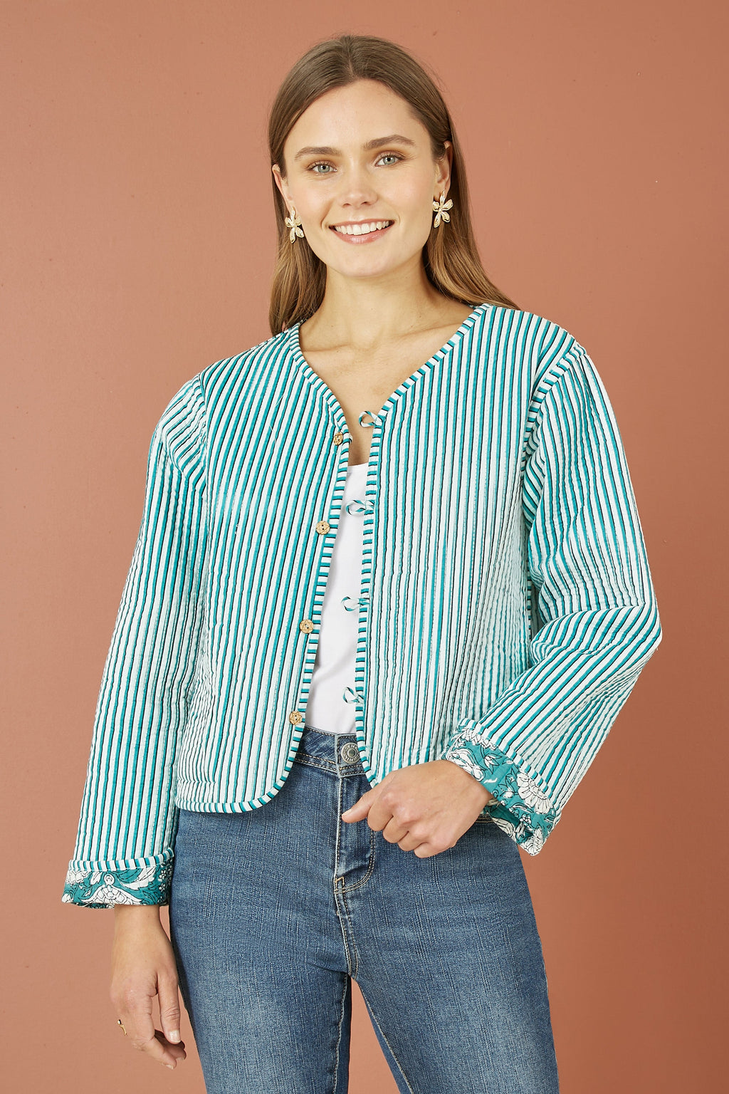 Yumi Green Patchwork Print Reversible Cotton Quilted Jacket