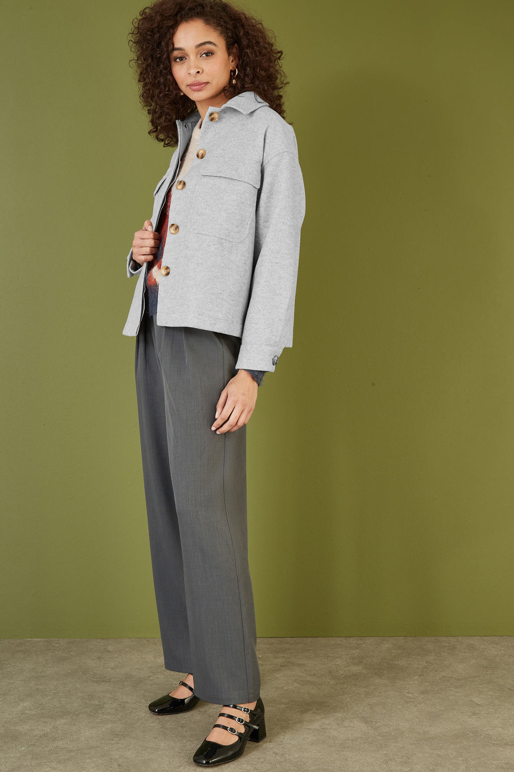 Yumi Grey Woven Shacket With Oversize Pockets