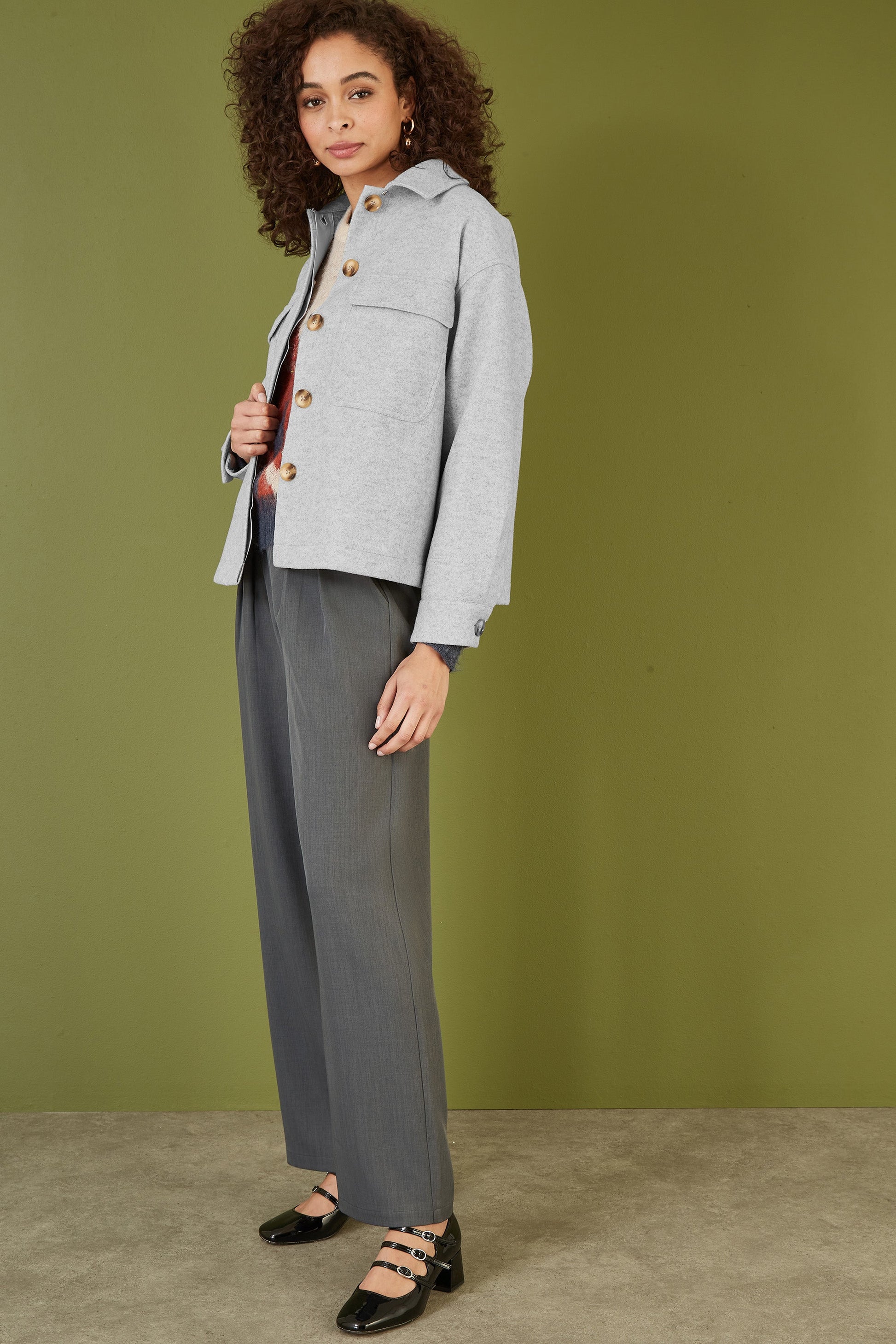 Yumi Grey Woven Shacket With Oversize Pockets