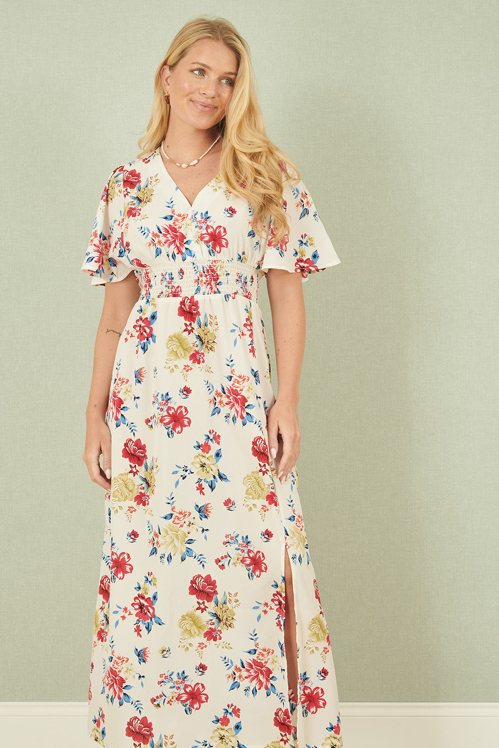 Yumi White Floral Recycled Fabric Ruched Waist Midi Dress