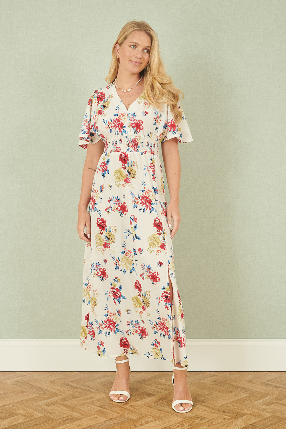 Yumi White Floral Recycled Fabric Ruched Waist Midi Dress