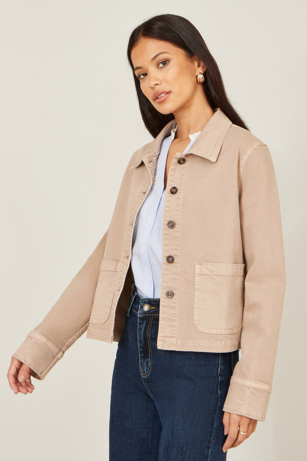Yumi Beige Canvas Jacket With Patch Pockets