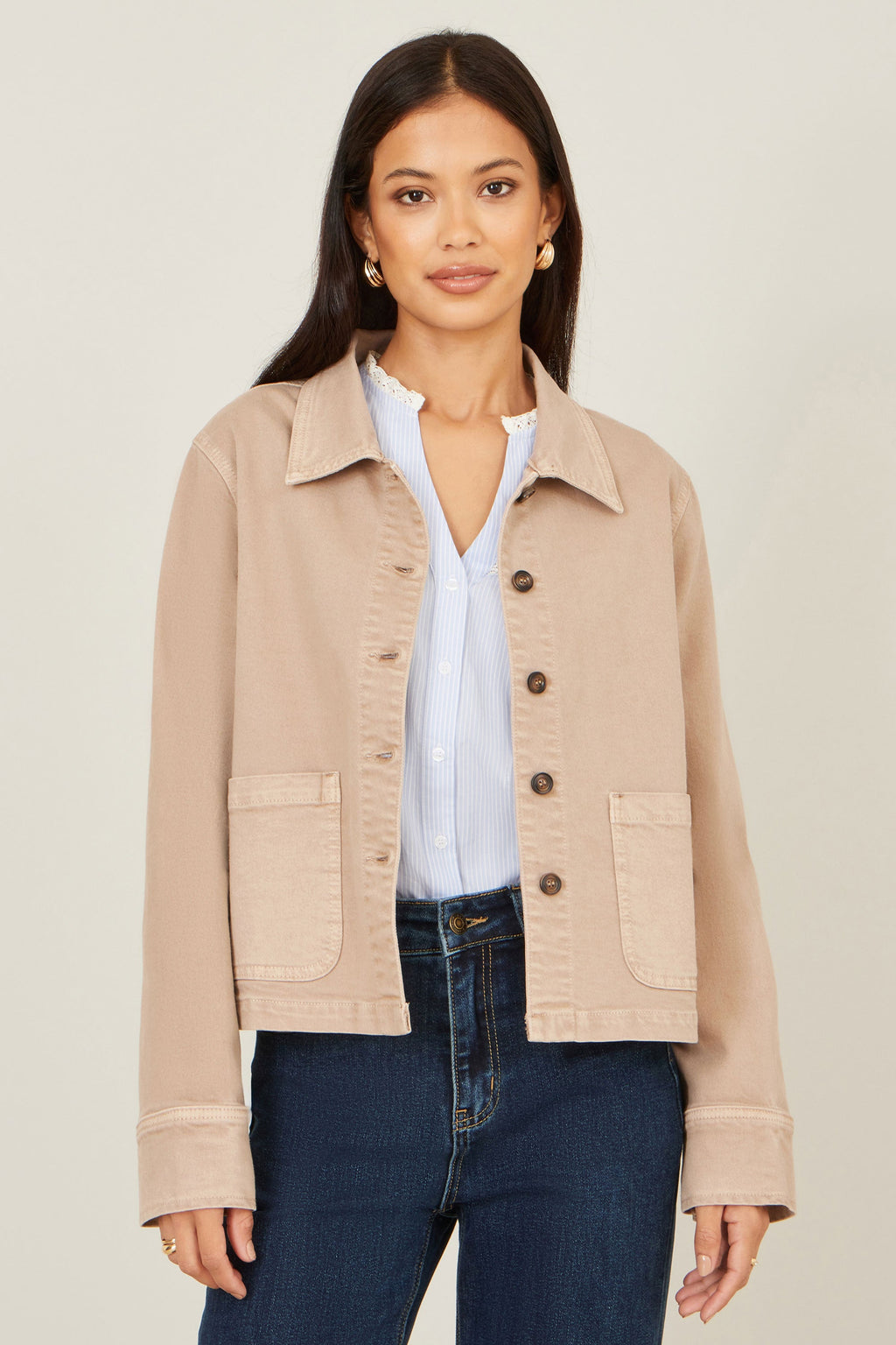 Yumi Beige Canvas Jacket With Patch Pockets