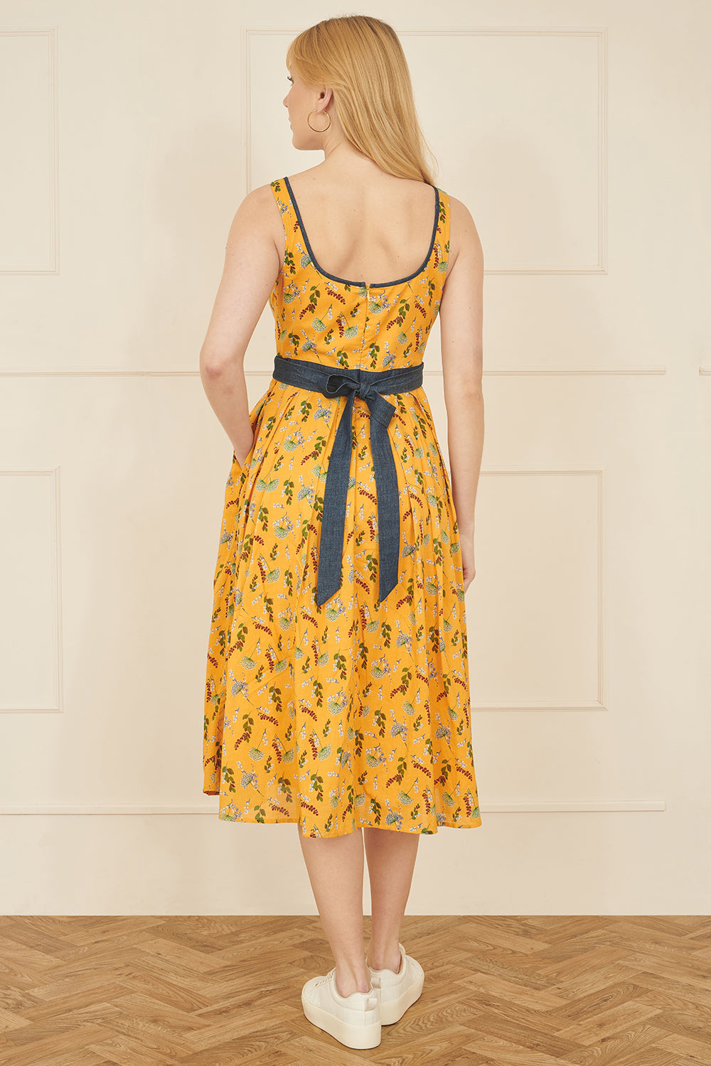 Yumi Mustard Floral Skater Dress With Denim Trims