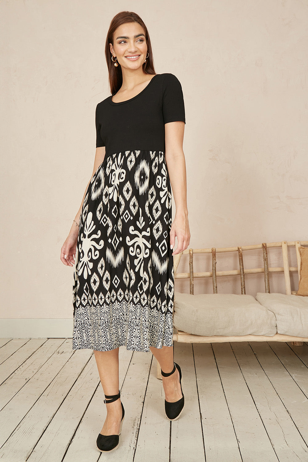 Yumi Black Jersey Stretch Top And Ikat Skirt Midi Dress