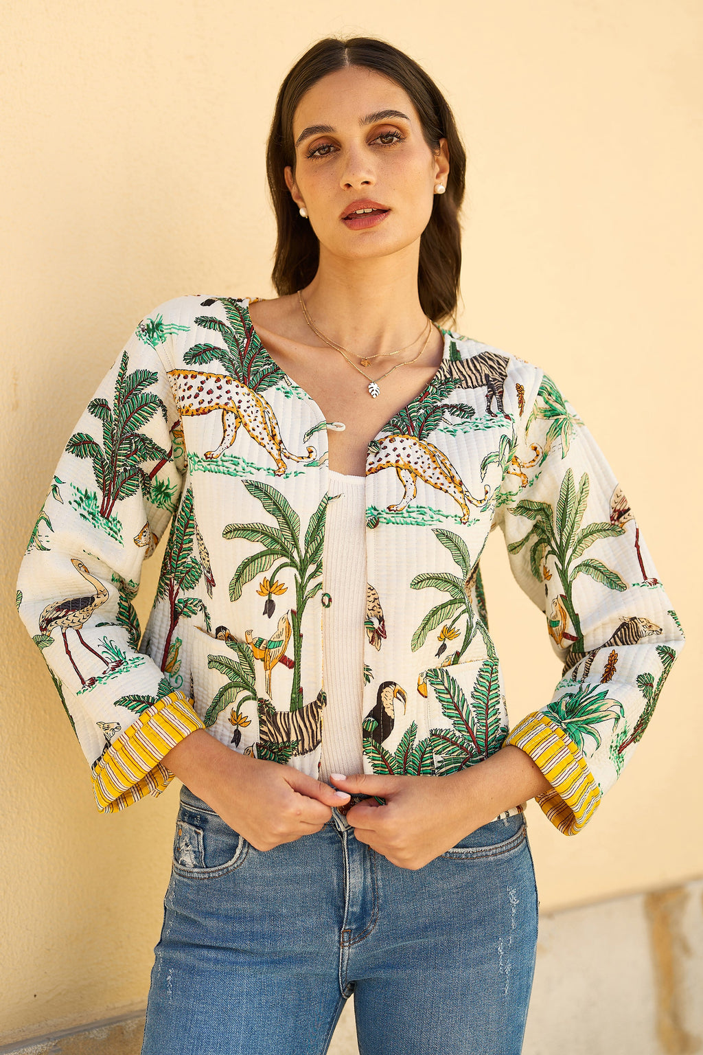 White Animal Reversible Cotton Quilted Jacket