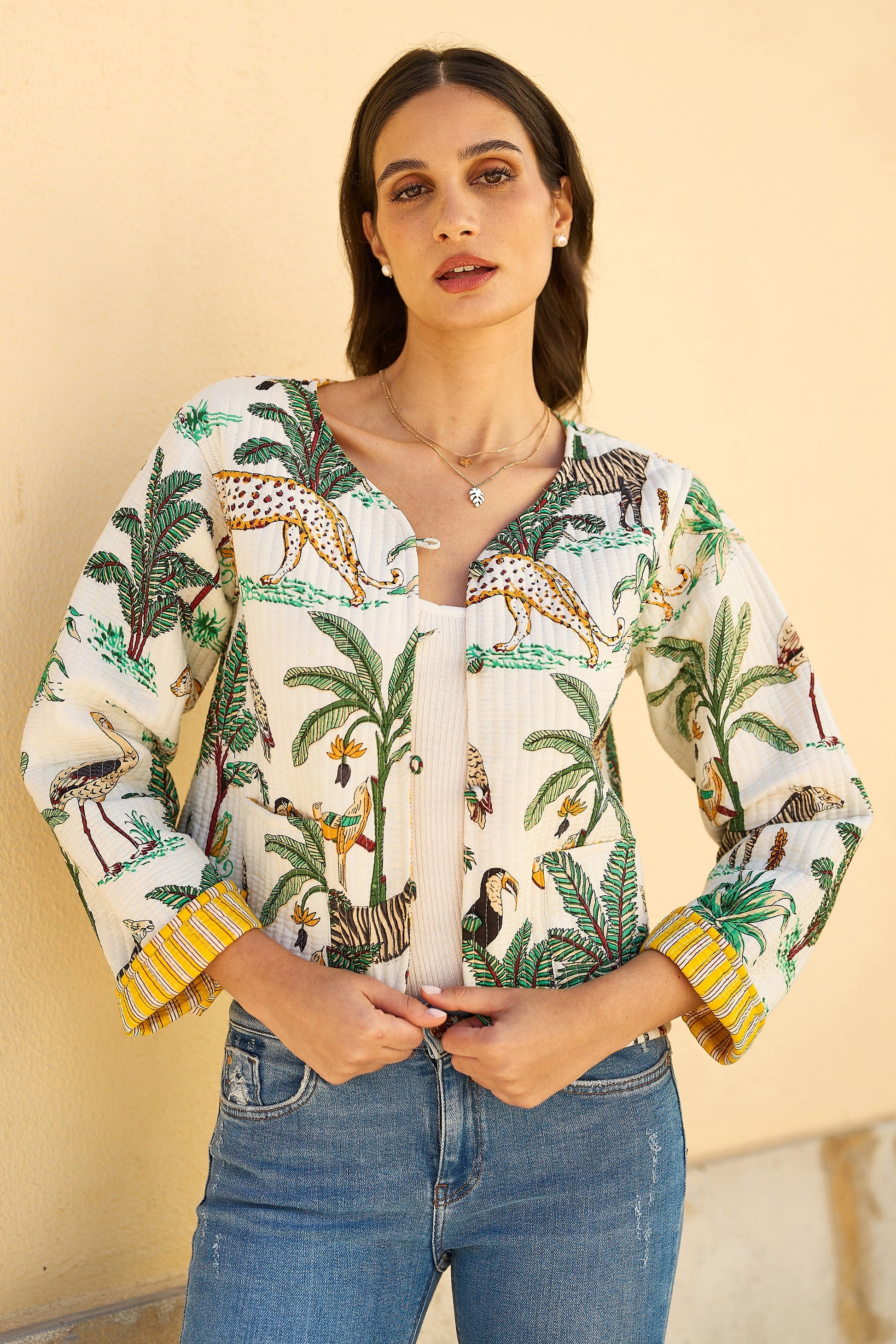 White Animal Reversible Cotton Quilted Jacket