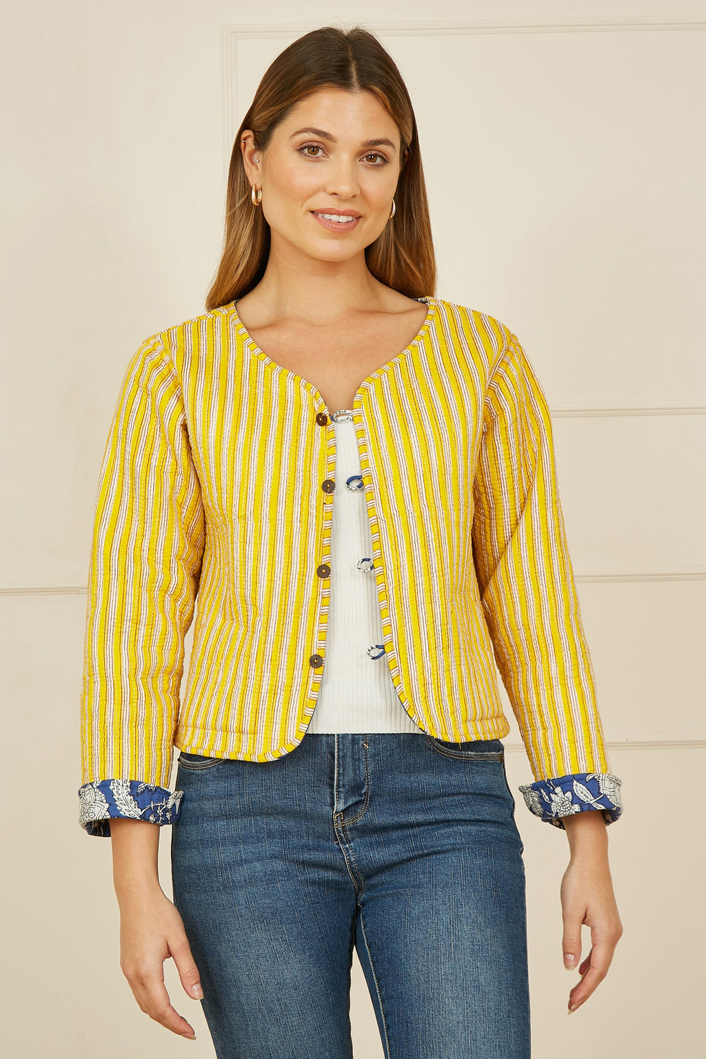 Blue Floral Reversible Cotton Quilted Jacket