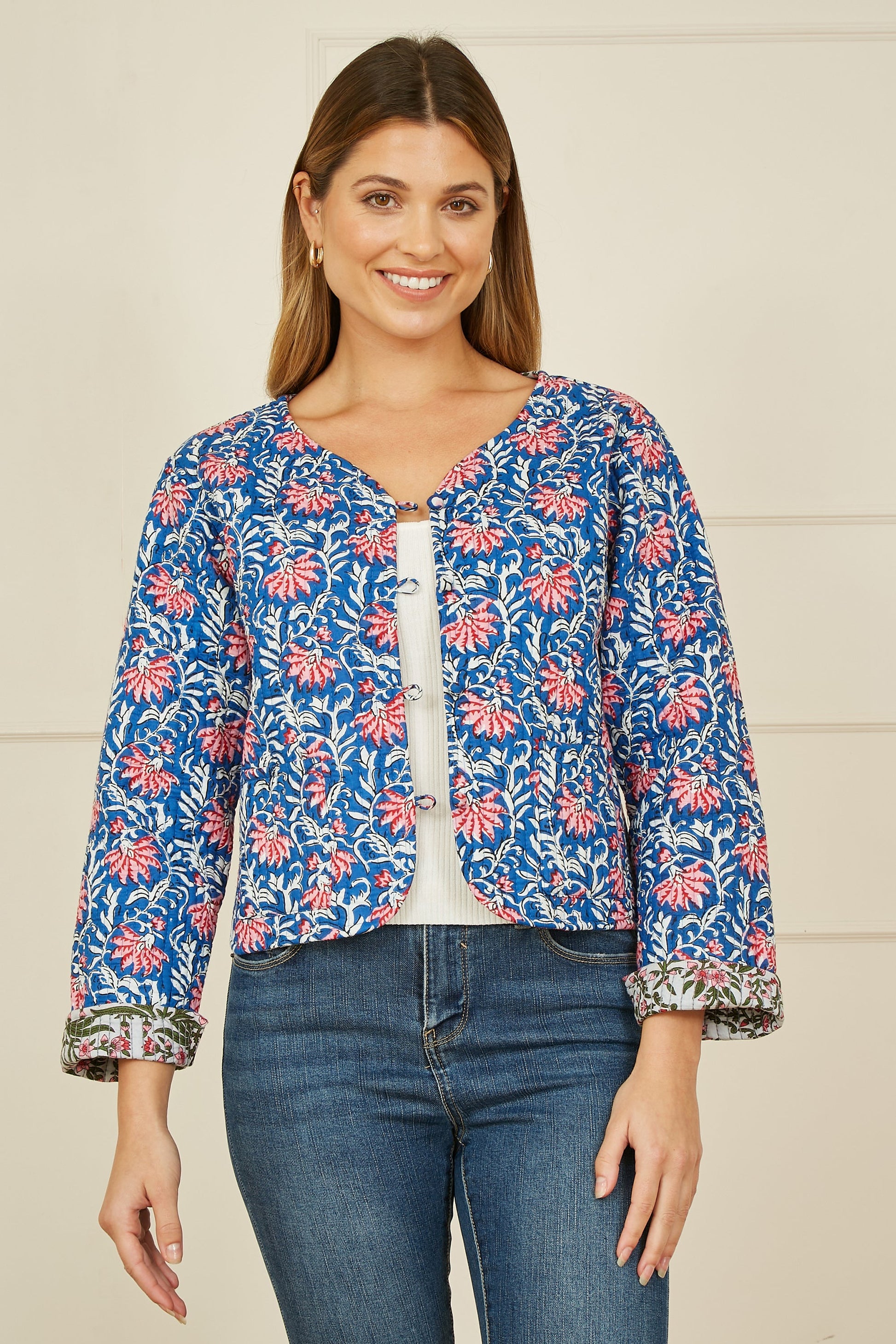 Blue Floral Reversible Cotton Quilted Jacket