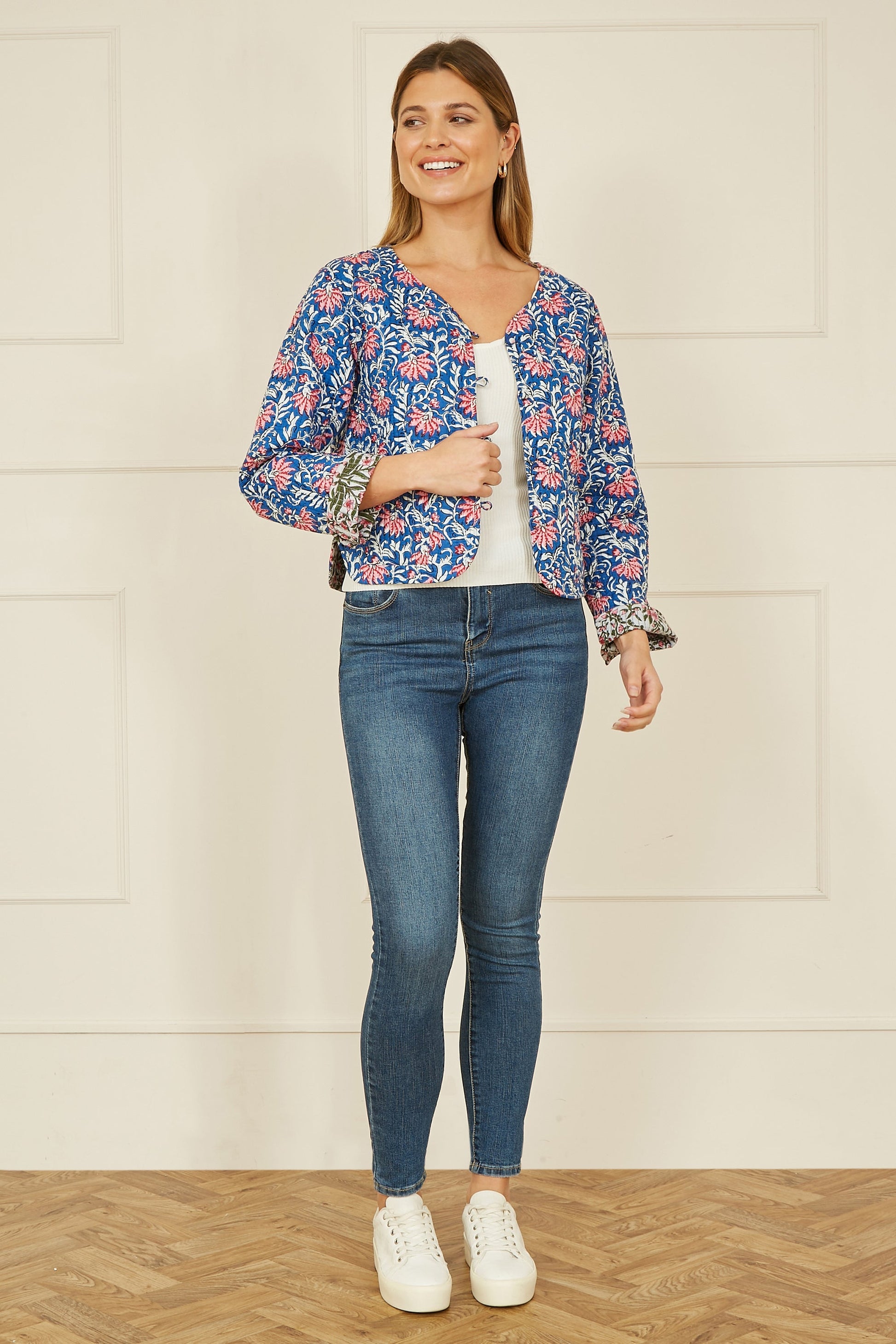 Blue Floral Reversible Cotton Quilted Jacket