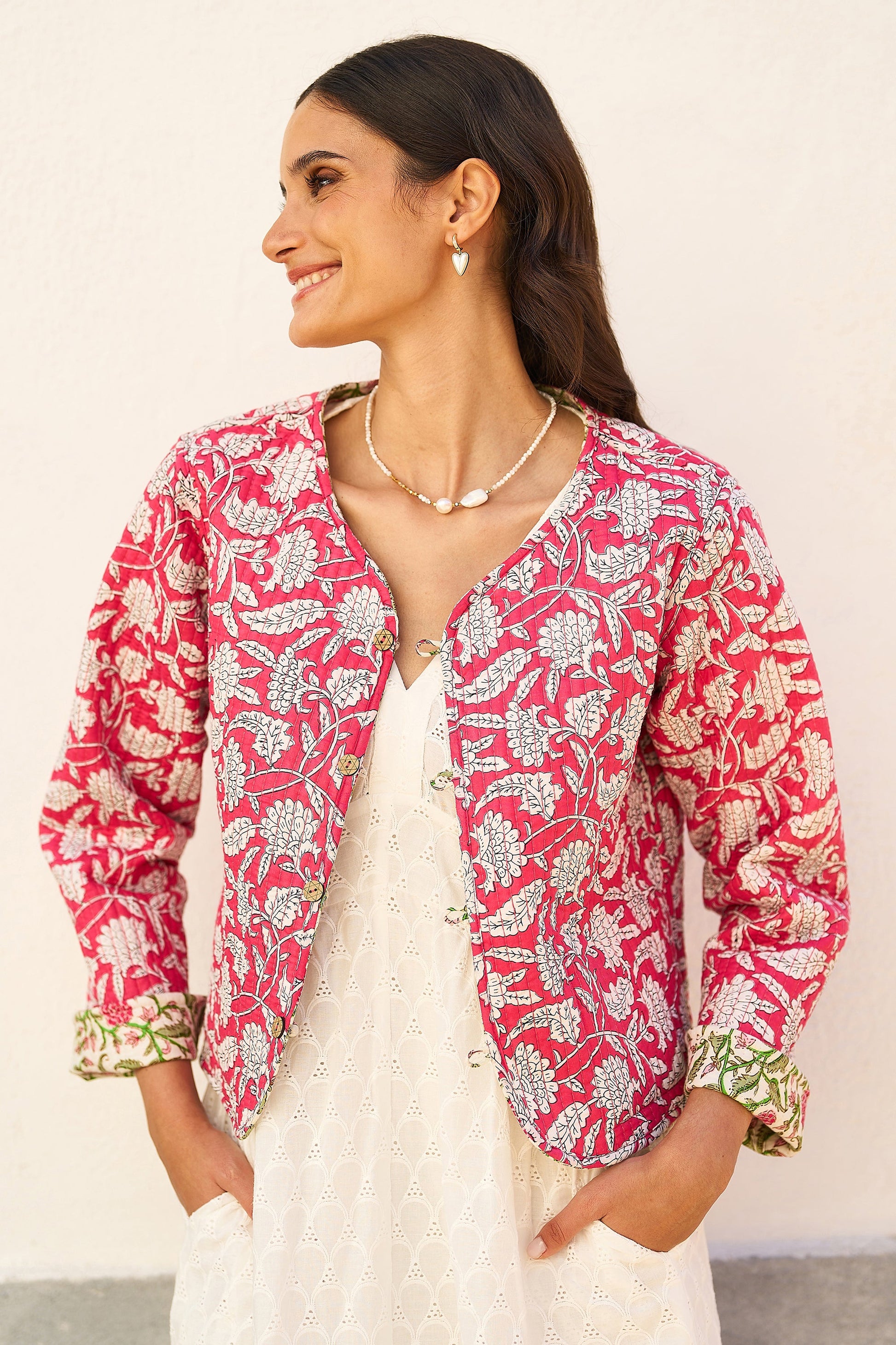Pink Floral Reversible Cotton Quilted Jacket