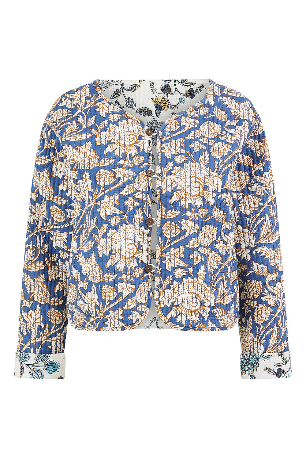 Yumi White Floral Reversible Cotton Quilted Jacket