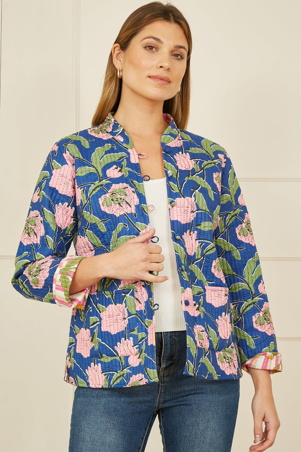 Pink Floral Reversible Cotton Quilted Jacket